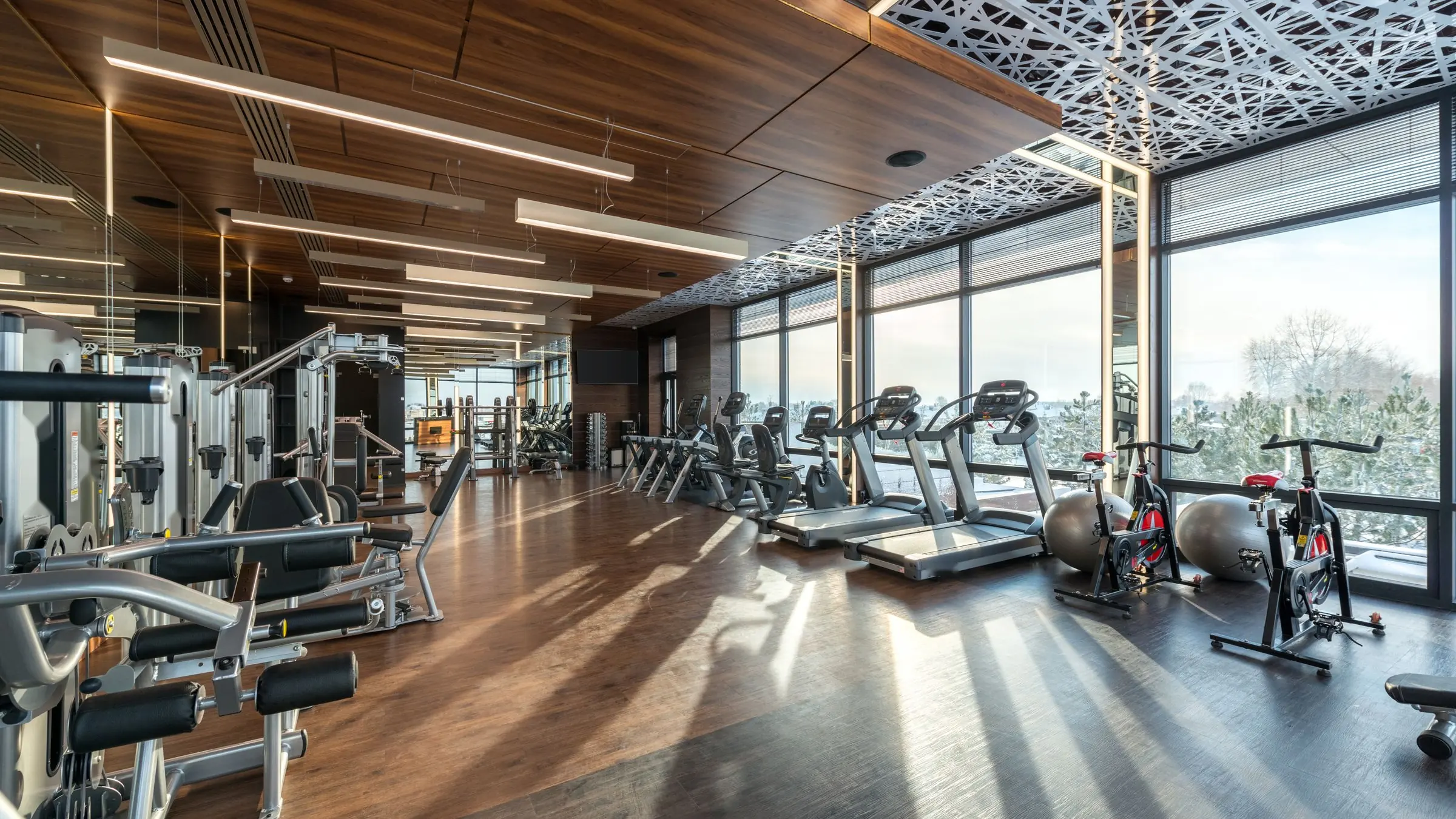 Ahşap tavanlı, boydan boya cam cepheli modern fitness salonunda ağırlık ve kondisyon aletleri